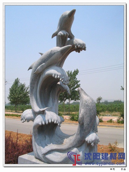 石雕海豚，石雕魚，手工雕刻鯉魚戲水